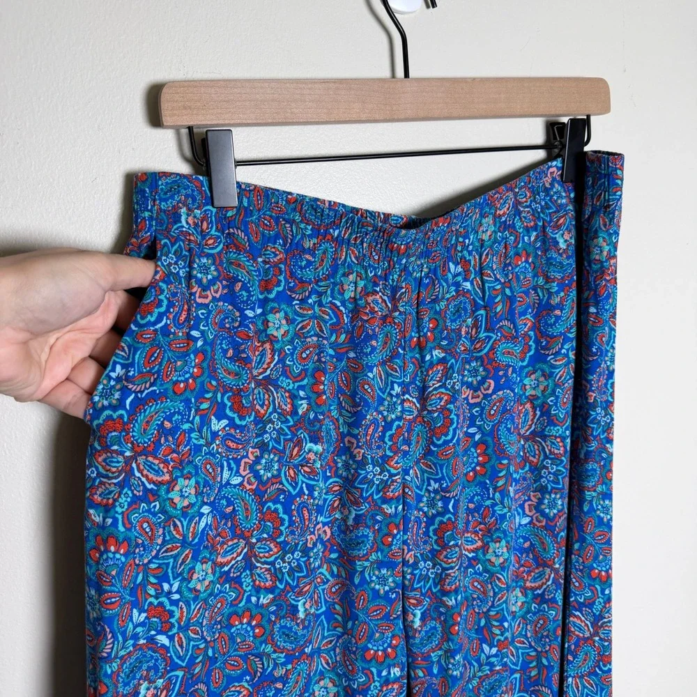 J. Jill Women 100% Rayon Pants M Petite Blue Paisley Floral Elastic Resort Boho